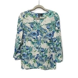 New Directions Floral Print V Neck Long Sleeve Tunic Top Women Size M Blue White